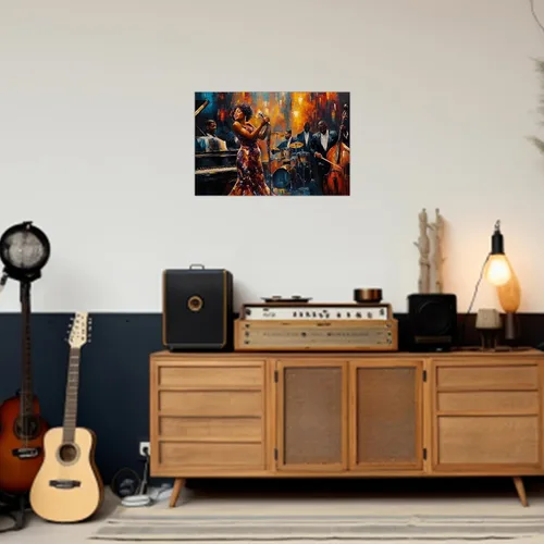 Vista 3 de SWQYLB Arte de pared con música afroamericana, pintura de banda de jazz, impresiones en lienzo abstractas negras con imágenes musicales para club