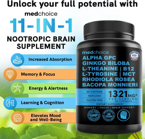 Vista 3 de Suplemento cerebral nootrópico 12 en 1 anhidro: Ginkgo Biloba para apoyo cerebral, memoria y enfoque - B12, Alpha GPC, L Teanina y suplementos