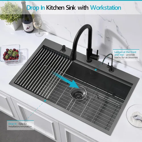 Vista 3 de Z0DB332210 - Fregadero de cocina con estación de trabajo de 33 x 22 x 10 pulgadas, calibre 16, acero inoxidable negro, montaje superior, con 3
