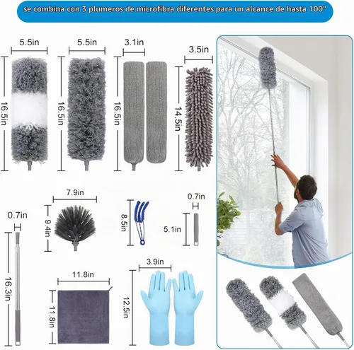 Vista 6 de Plumero extensible de microfibra (11 piezas) con poste de extensión de 100 pulgadas, lavable y reutilizable y flexible para limpiar ventilador