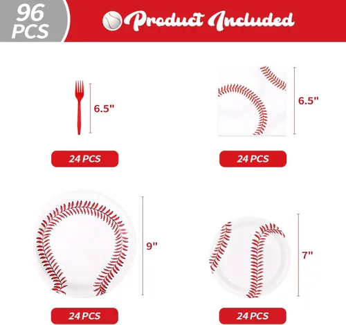 Vista 2 de WILDPARTY Juego de 96 piezas de suministros para fiesta de béisbol para 24 invitados, incluyendo platos de papel de béisbol, platos de postre