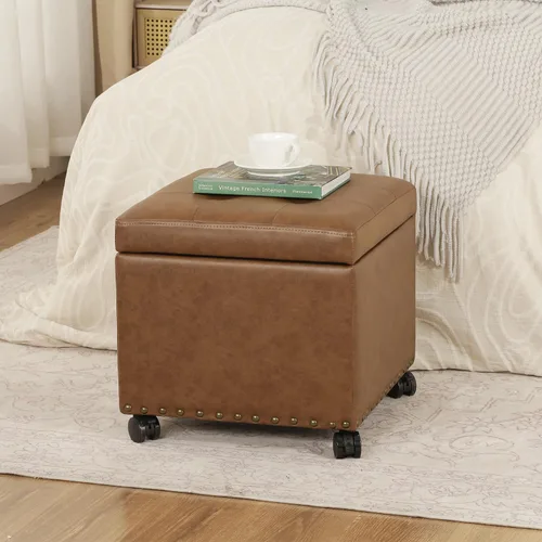 Vista 25 de Adeco Otomana moderna de cuero con ruedas, otomana cuadrada negra rodante de 18.8" con almacenamiento, taburete de tocador tapizado acolchado