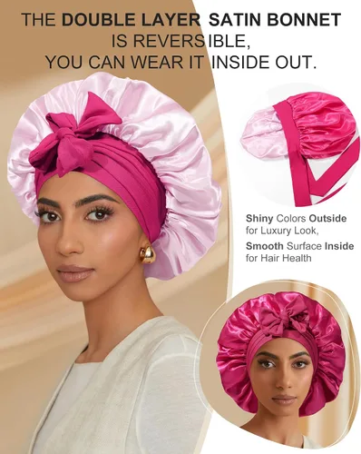 Vista 8 de Gorro de satén para mujer, gorro de seda para dormir, gorro de pelo rizado con banda de corbata, doble capa para dormir, envoltura para el cabello