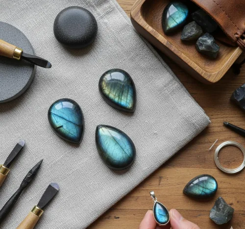 Vista 7 de Caja de 3 piezas de piedras preciosas sueltas de labradorita de fuego azul en forma de pera calibrada natural de 0.394 x 0.551 in. Para el bienestar