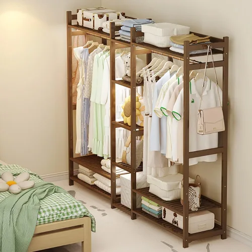 Vista 8 de Perchero de bambú con 5 estantes de almacenamiento para vestidos, zapatos y sombreros, carga máxima de 220.5 lbs, ideal para dormitorio