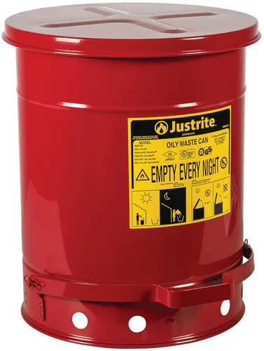 Justrite Recipiente para desechos aceitosos de acero galvanizado de 10 galones, recipiente de seguridad metálico para trapos con aceite de 18 x 14