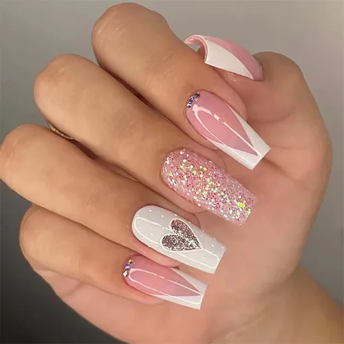Vista 11 de 24 uñas postizas cortas a presión, color rosa RTKHFZE con diseño de mariposa blanca y diamantes de imitación, uñas postizas cuadradas de cobertura