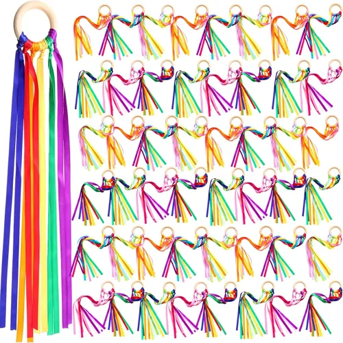 Vista 8 de Junkin Anillos de cinta de mano, juguetes Waldorf, cintas de muñeca bailarín, serpentinas de arco iris con anillo de madera, juguete educativo