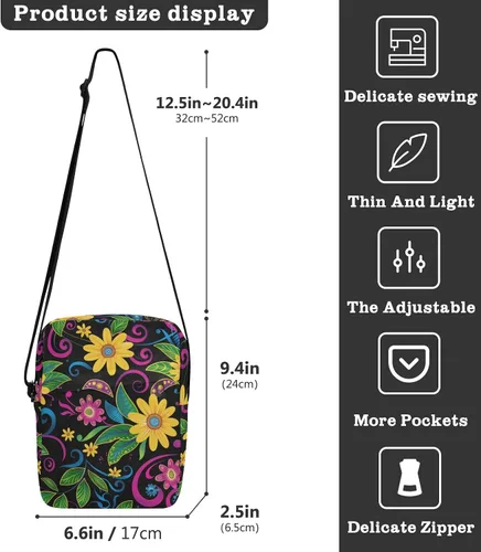 Vista 3 de Black Vintage Daisy cute messenger bag Crossbody Bags For Women Small Womens Crossbody Purses Ladies Shoulder Handbags Adjustable Strap for Travel