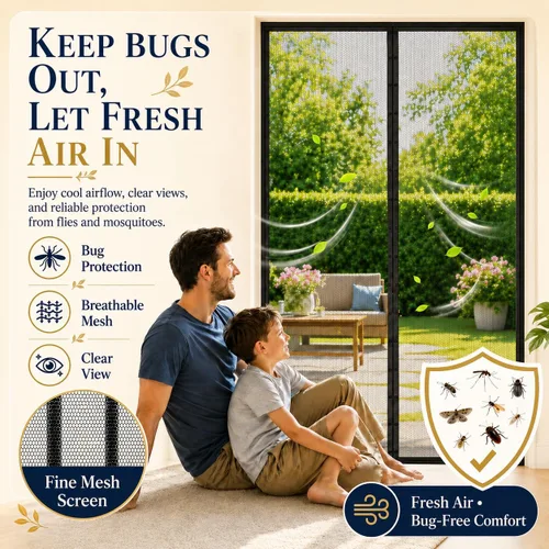 Vista 4 de Puerta mosquitera magnética, cortina de puerta de malla resistente con fuertes imanes de marco completo, cierre automático manos libres, apta