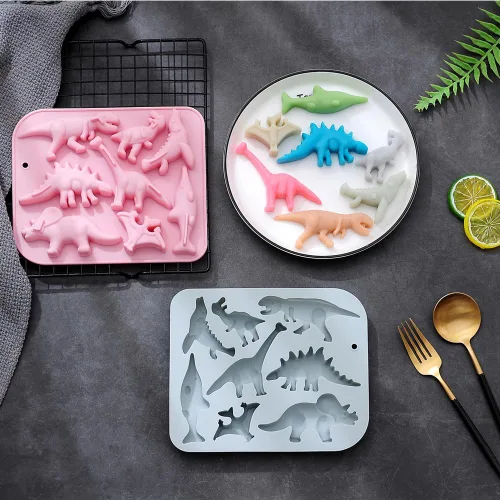 Vista 6 de 2 moldes de silicona para tartas de dinosaurio, bandeja de gomitas de chocolate con dinosaurio 3D de dibujos animados, 8 cavidades, molde de Molde
