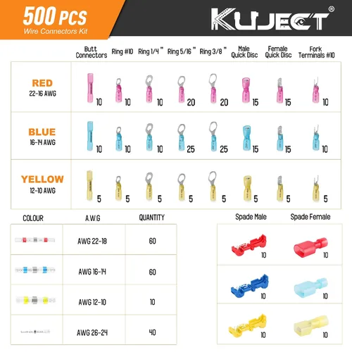 Vista 2 de Kuject Juego de 500 conectores de alambre termocontraíbles multiusos, impermeables, kit surtido de conectores de crimpado eléctrico, anillo aislado