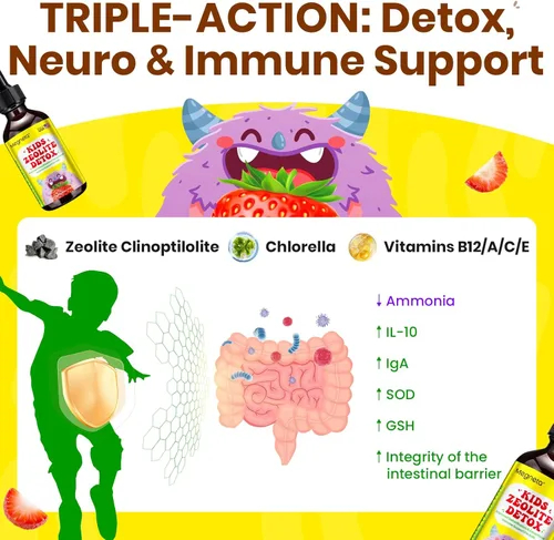 Vista 2 de Desintoxicación de zeolita para niños Apoyo neuroinmunológico y de triple acción con zeolita clinoptilolita, clorella y metilo B12 Vitaminas A