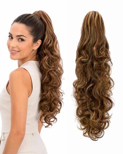 Vista 12 de Prettyshop - Extensión de cola de caballo de 24 pulgadas con clip, larga, voluminosa, ondulada, resistente al calor, color negro H63 Negro # 1 H63