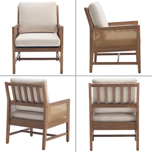 Vista 9 de chairus Silla decorativa moderna Mid-Century de madera maciza tapizada con reposabrazos de caña y respaldo de listones, cómoda silla de lectura