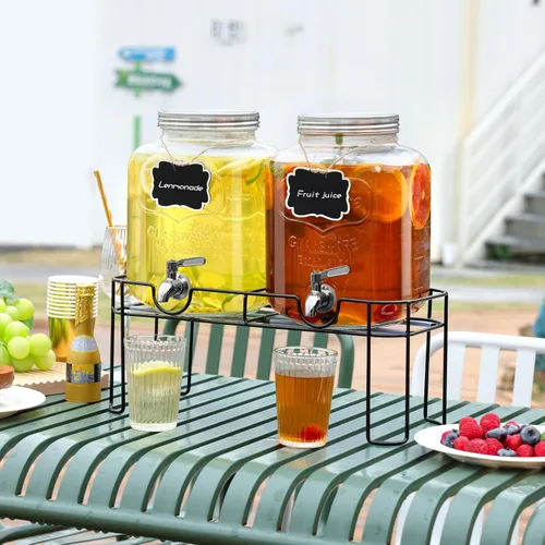 Vista 6 de Dispensador de bebidas de vidrio de 1.6 galones, 2 piezas dispensador de bebidas con soporte, dispensador de limonada con grifo de acero inoxidable
