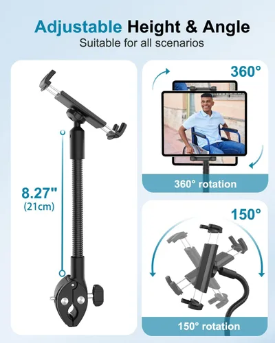 Vista 2 de Soporte para tablet para silla de ruedas, cochecito, bicicleta giratoria, cinta de correr, soporte de micrófono, barco/abrazadera de manillar