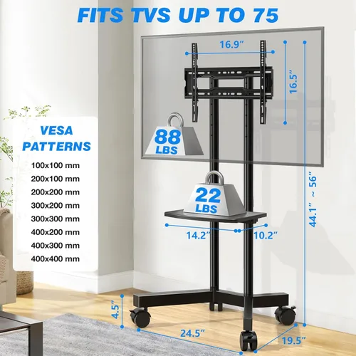 Vista 2 de Rfiver Soporte de TV rodante con estante para laptop, soporte de TV móvil con ruedas mejoradas para televisores de 32 a 75 pulgadas, carrito de TV