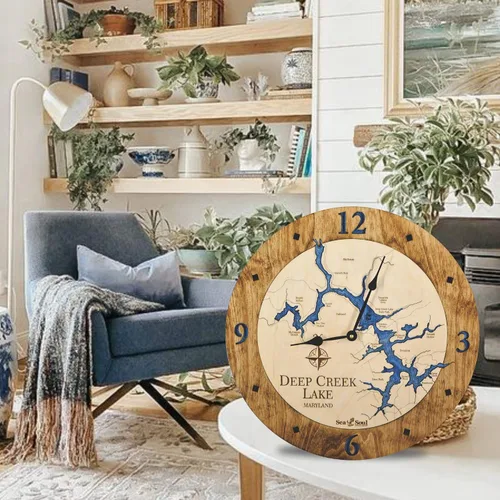 Vista 2 de Sea & Soul Deep Creek Lake - Reloj de pared de madera de 24 pulgadas, fabricado con orgullo en los Estados Unidos, arte de cartas náuticas, regalos