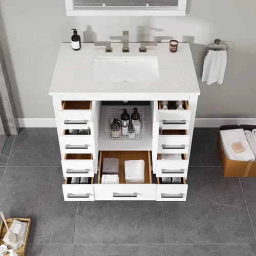 Vista 8 de Eviva Combo de tocador y lavabo de baño con acabado blanco de 36 pulgadas, tocadores de baño blancos de madera maciza de 36 pulgadas con parte