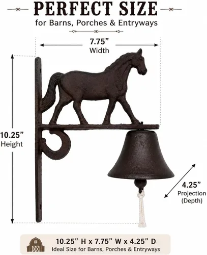 Vista 3 de Campana de cena de caballo, campana de hierro fundido para montar en la pared con adorno para caballo, decoración rústica de granero ecuestre