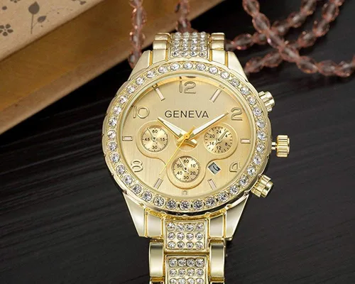 Vista 6 de Reloj de cuarzo unisex con diamantes de cristal flotantes de lujo con pulsera de eslabones de acero inoxidable Rose gold