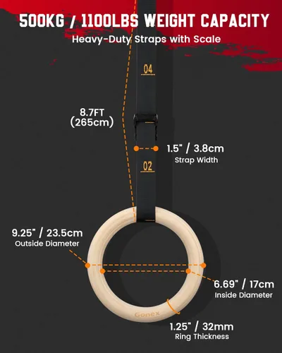 Vista 4 de Gonex Wooden Gymnastic Rings with Adjustable Straps Olympic Pull Up Rings