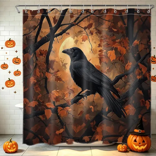 Vista 24 de HVEST Cortina de ducha con ganchos, calabaza espeluznante y fantasma con sombrero de bruja negro, juego de cortina de ducha naranja con flores