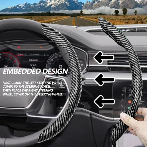 Vista 5 de 2 fundas de volante de fibra de carbono de ajuste universal, antideslizantes, protector segmentado para volante, accesorios interiores de automóvil