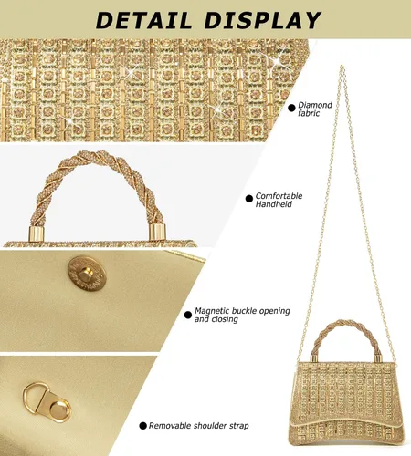 Vista 6 de Bolso de mano con strass para mujer, bandolera brillante y bolsos para boda, fiesta, noche, bolso cruzado