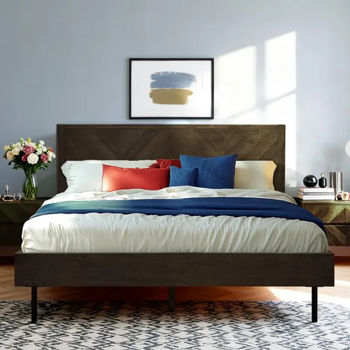 Vista 11 de Acacia Alander - Marco de cama de madera maciza con cabecera de cheurón Caramelo.