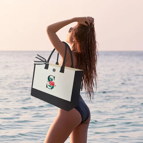 Vista 2 de Initial Canvas Tote Bag, Monogrammed Tote Bags Suitable for Mother's Day Wedding Beach