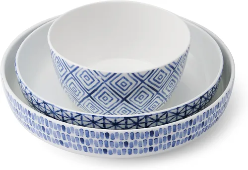 Vista 5 de Mikasa Dillon Bone - Juego de vajilla de porcelana ligera resistente a las astillas, 9 piezas, servicio para 3, color azul