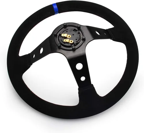 Vista 4 de 14" 350mm Volante de cuero de ante profundo, plato de 6 pernos para volante deportivo de carreras, botón de claxon de cuero azul con cable, llave