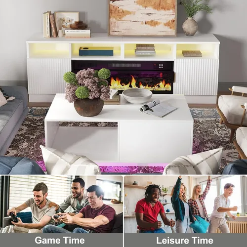 Vista 6 de Mesa de centro LED blanca para sala de estar con cajón y 16 luces de colores, mesa de centro moderna de alto brillo de 43.3 pulgadas con espacio