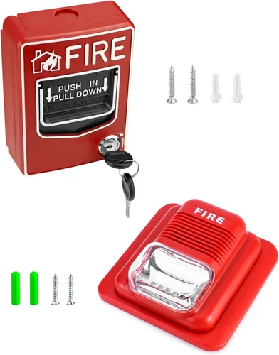 Vista 8 de QWORK Estación de Alarma de Sonido y Luz de Emergencia con Cable, Sirena Estroboscópica de Cuerno de 12 / 24V CC con Botón de Alarma de Pánico