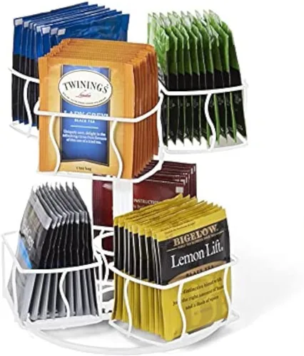 Vista 8 de Nifty - Carrusel giratorio de bolsitas de té, 6 compartimentos, hasta 60 bolsas de té, giros de 360 grados, plataforma Lazy Susan, diseño cromado