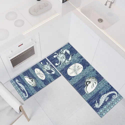 Vista 5 de GUBIYU Juego de 2 tapetes de cocina para el piso, diseño de cangrejo azul, submarino, duradero, náutico, océano, animales, lavable, juego