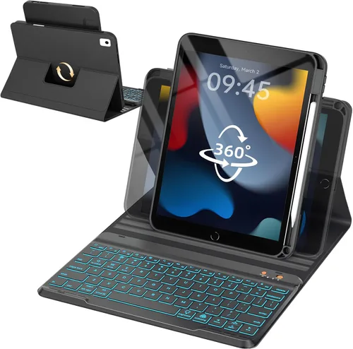 Vista 26 de OYEEICE Funda de teclado para iPad 6ª/5ª generación de 9.7 pulgadas, teclado inalámbrico desmontable retroiluminado de 7 colores, cubierta magnética