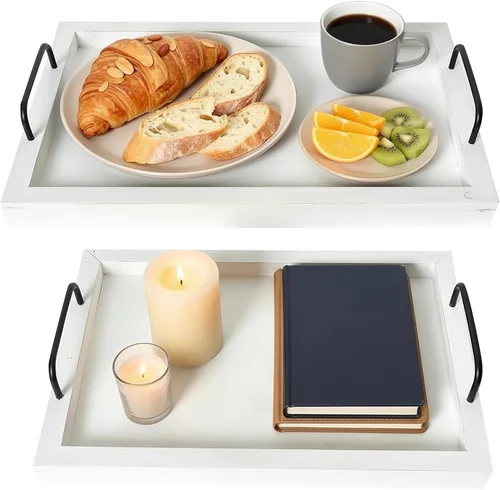 Vista 11 de Besti Bandejas rústicas vintage para servir comida (juego de 2) Tabla de madera anidable con asas de metal Elegantes bandejas de servir de Negro