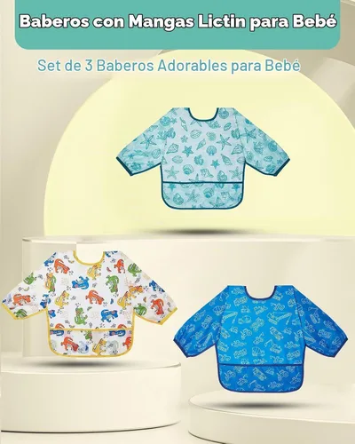 Vista 2 de Lictin 3 Pack Baby Bibs for Boy or Girl, Cute Long Sleeve Bib, Waterproof Bibs for Toddlers Multicolor-1