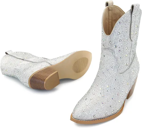 Vista 5 de SOVANYOU - Botas de cowboy con tachuelas para mujer, puntera en forma de almendra, tacón de bloque brillante, botas de vaquera con tachuelas