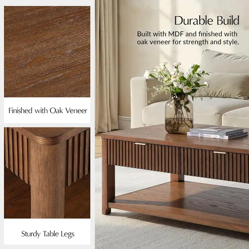 Vista 5 de HULALA HOME Mesa de centro moderna acanalada con almacenamiento, mesa de centro de chapa de roble de madera con mesa ancha, 2 cajones y estante Nogal