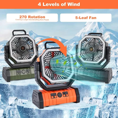 Vista 5 de Ventilador solar de campamento de 20000 mAh con panel solar de 10 W, banco de energía solar recargable para exteriores, linterna LED, tienda de Negro