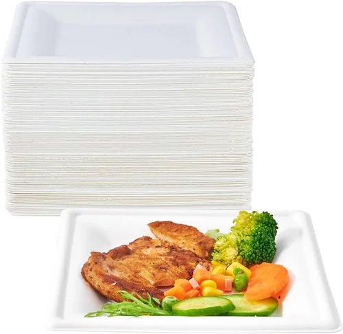 Vista 10 de ECOLipak Paquete de 100 platos cuadrados compostables, platos de papel desechables de 10 pulgadas hechos de caña de azúcar, ecológicos, resistentes