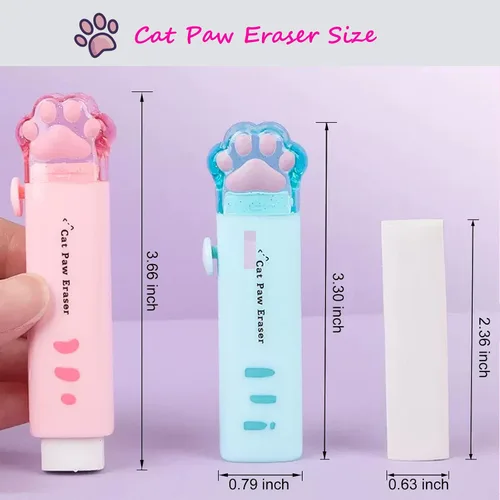Vista 2 de 4 piezas de borrador retráctil Kawaii con patas de gato para niños, goma para estudiantes que escriben, dibujar estéticos suministros escolares