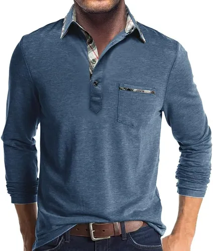 Vista 9 de Aulemen - Camisas polo de manga larga para hombre casuales con botones, absorbentes de humedad, de algodón, elegantes, camisetas para golf