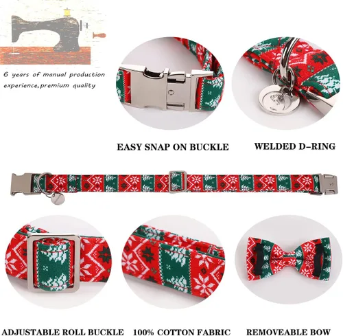 Vista 3 de Collar de Navidad para perro con pajarita, collar de perro de copo de nieve con tira roja y verde, suave, duradero, ajustable, de algodón