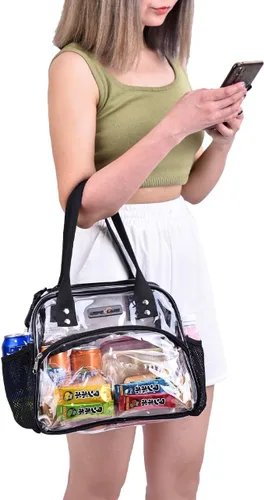 Vista 6 de USPECLARE Bolsa transparente multiusos, bolsa de almuerzo transparente con tablero inferior extraíble, correa de hombro ajustable, aprobada