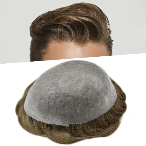 Vista 37 de Tupé de piel ultra fina para hombres pieza de cabello humano real sistema de reemplazo 0.002 in Mens Toupee Hairpiece para hombres V-Loop 8x10 80%